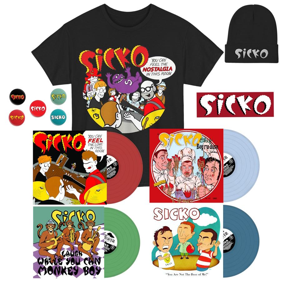 Albums, Nostalgia Tee, Beanie, Buttons, and Sticker Bundle